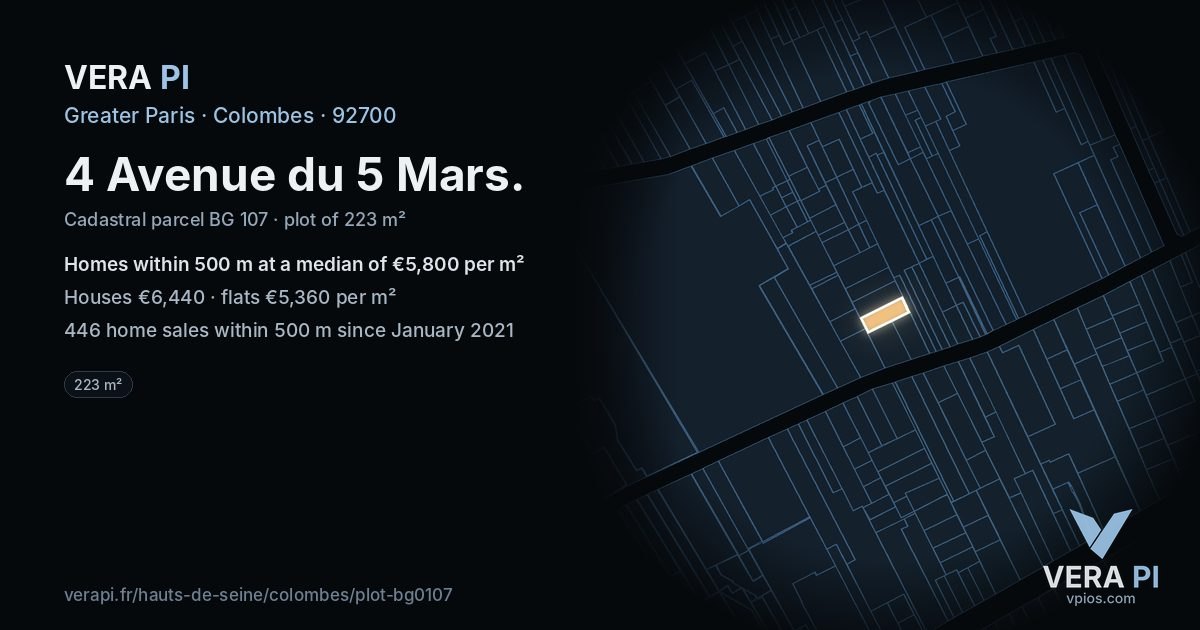 4 Avenue du 5 Mars, Colombes at night – the plot lit, the parcels around coloured by the prices near them