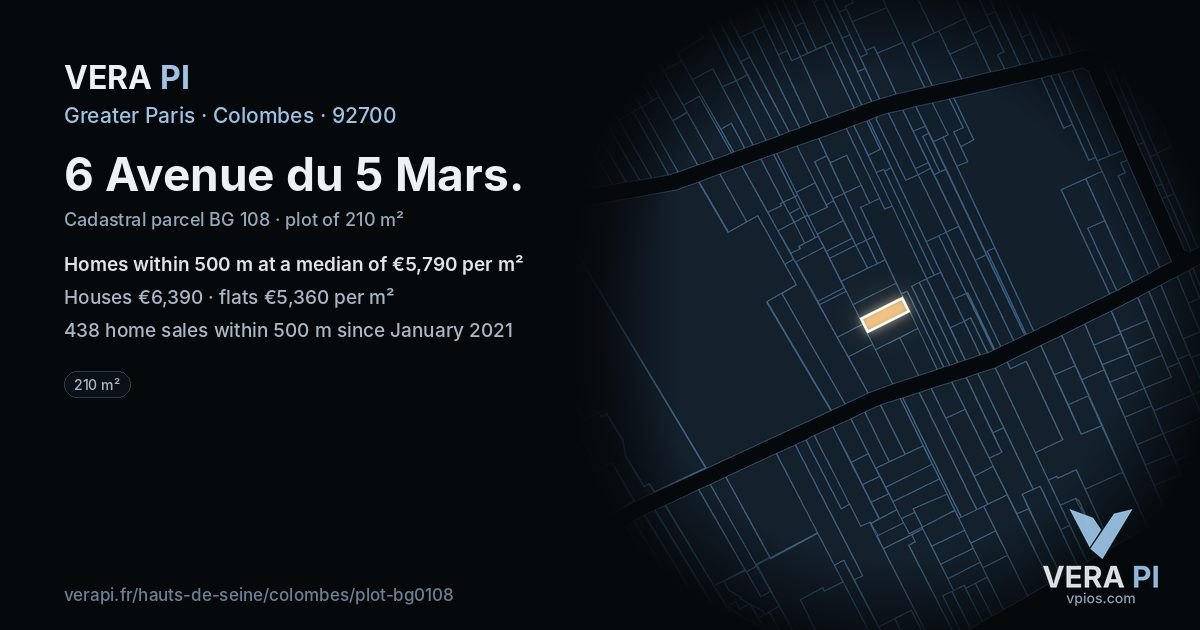 6 Avenue du 5 Mars, Colombes at night – the plot lit, the parcels around coloured by the prices near them