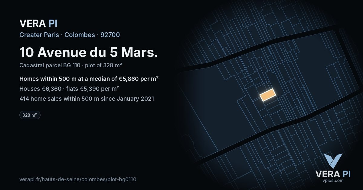 10 Avenue du 5 Mars, Colombes at night – the plot lit, the parcels around coloured by the prices near them