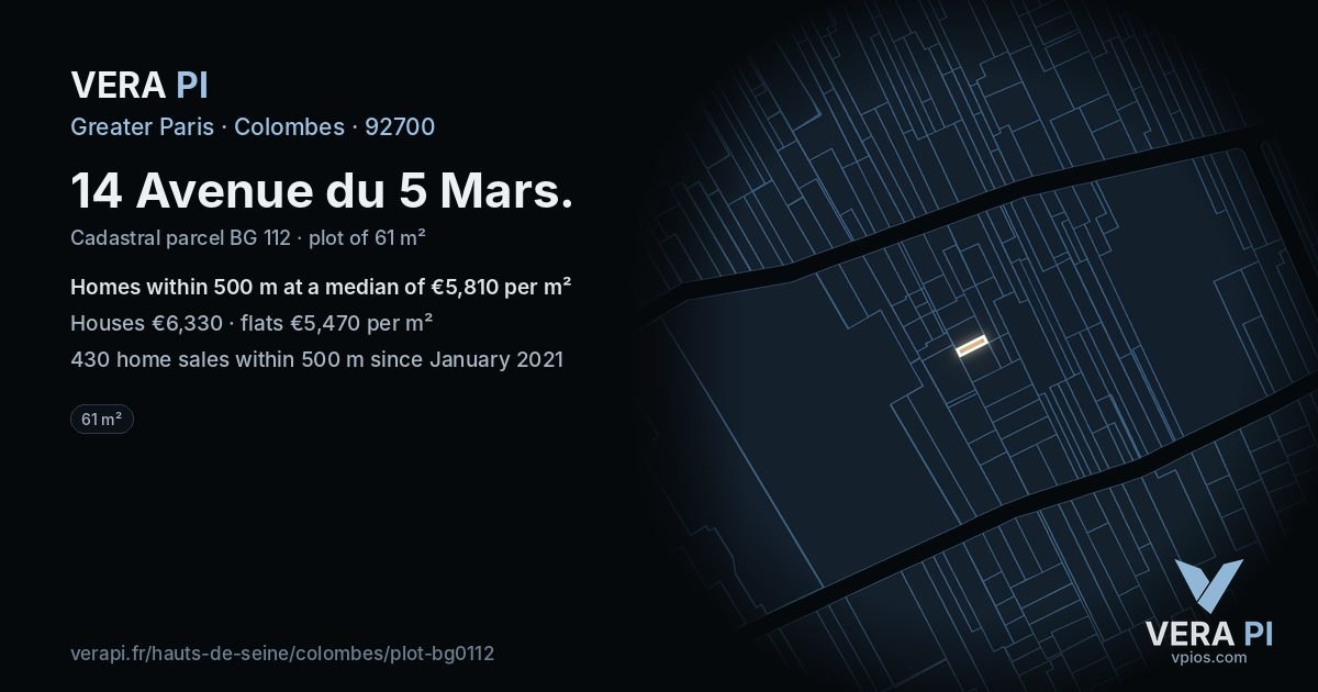14 Avenue du 5 Mars, Colombes at night – the plot lit, the parcels around coloured by the prices near them
