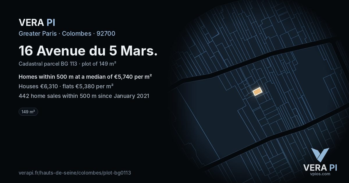 16 Avenue du 5 Mars, Colombes at night – the plot lit, the parcels around coloured by the prices near them