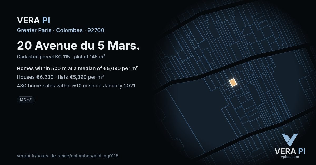20 Avenue du 5 Mars, Colombes at night – the plot lit, the parcels around coloured by the prices near them