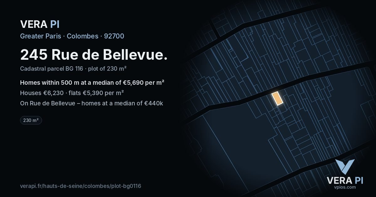 245 Rue de Bellevue, Colombes at night – the plot lit, the parcels around coloured by the prices near them
