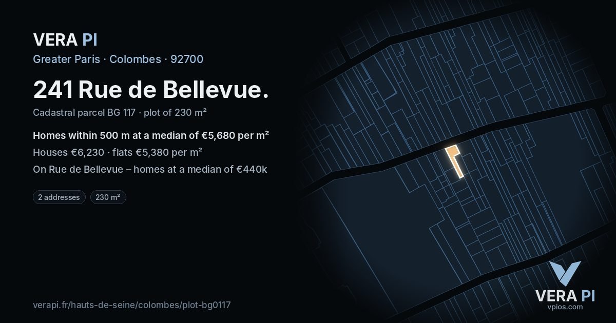 241 Rue de Bellevue, Colombes at night – the plot lit, the parcels around coloured by the prices near them