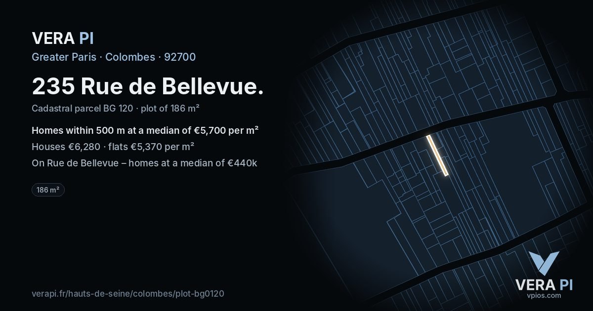 235 Rue de Bellevue, Colombes at night – the plot lit, the parcels around coloured by the prices near them