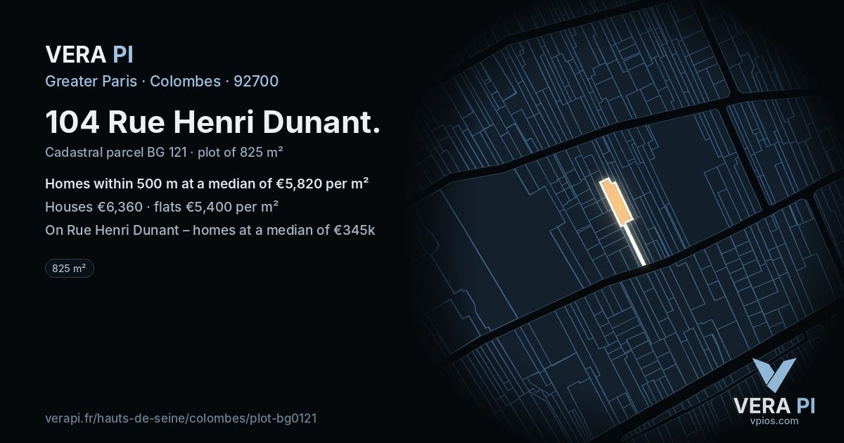 104 Rue Henri Dunant, Colombes at night – the plot lit, the parcels around coloured by the prices near them