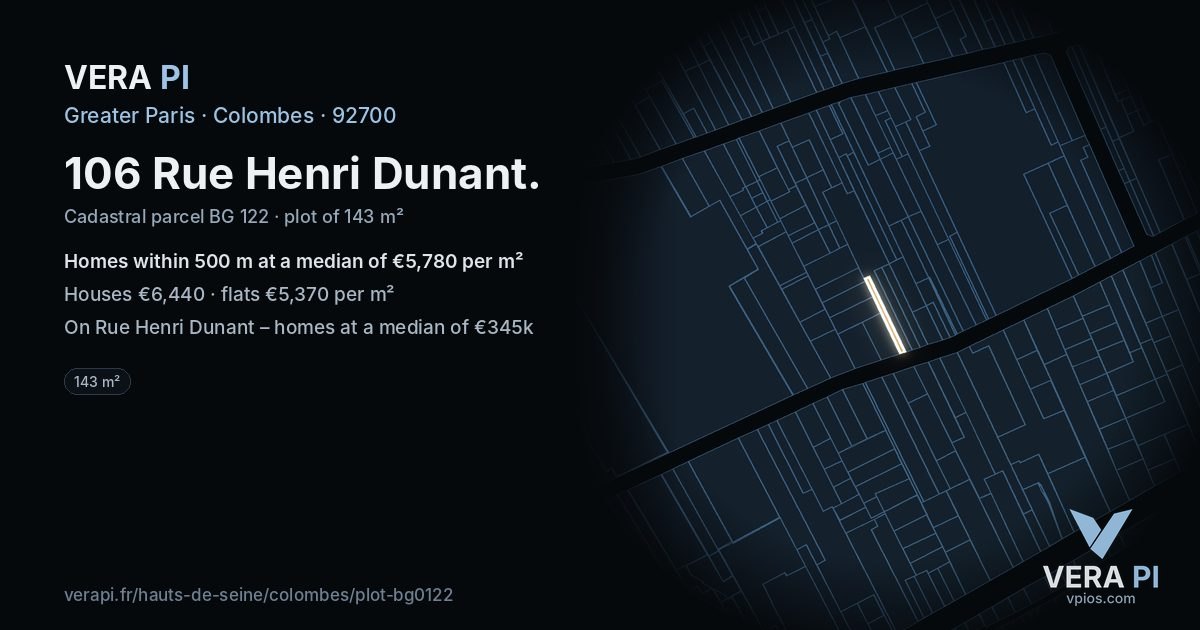 106 Rue Henri Dunant, Colombes at night – the plot lit, the parcels around coloured by the prices near them