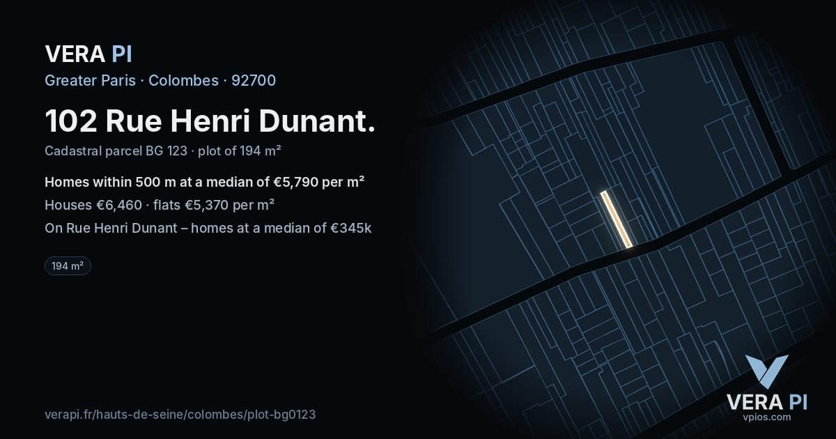 102 Rue Henri Dunant, Colombes at night – the plot lit, the parcels around coloured by the prices near them