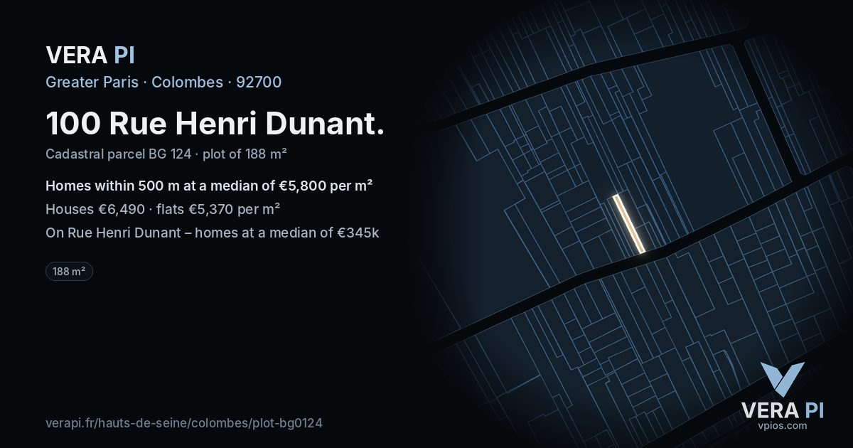 100 Rue Henri Dunant, Colombes at night – the plot lit, the parcels around coloured by the prices near them