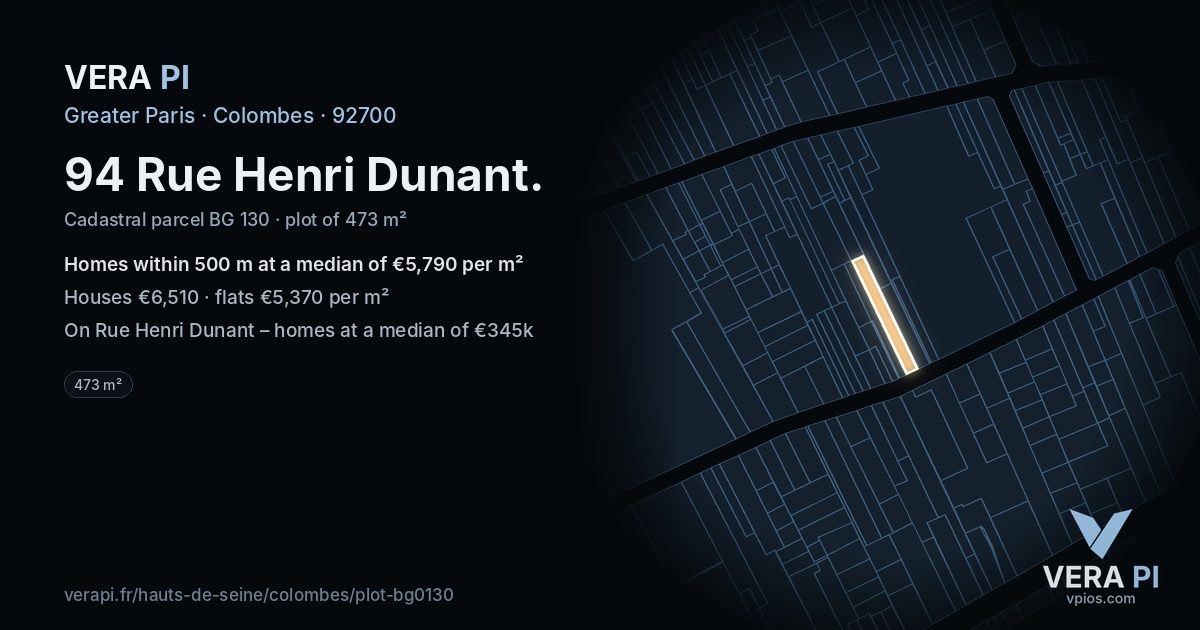 94 Rue Henri Dunant, Colombes at night – the plot lit, the parcels around coloured by the prices near them