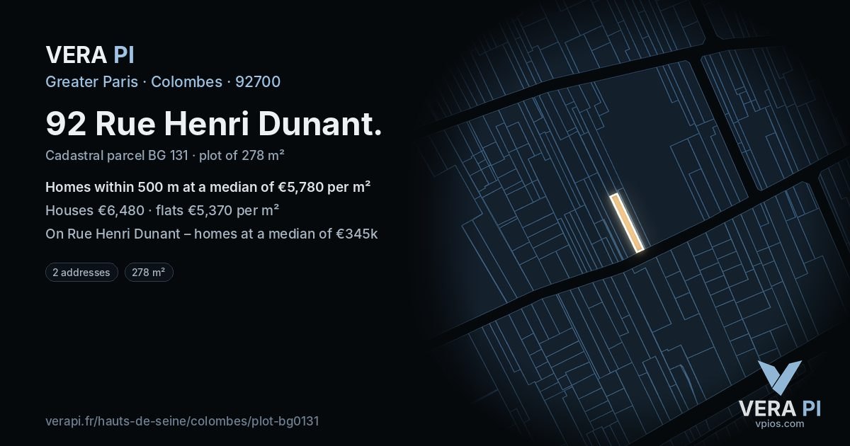 92 Rue Henri Dunant, Colombes at night – the plot lit, the parcels around coloured by the prices near them