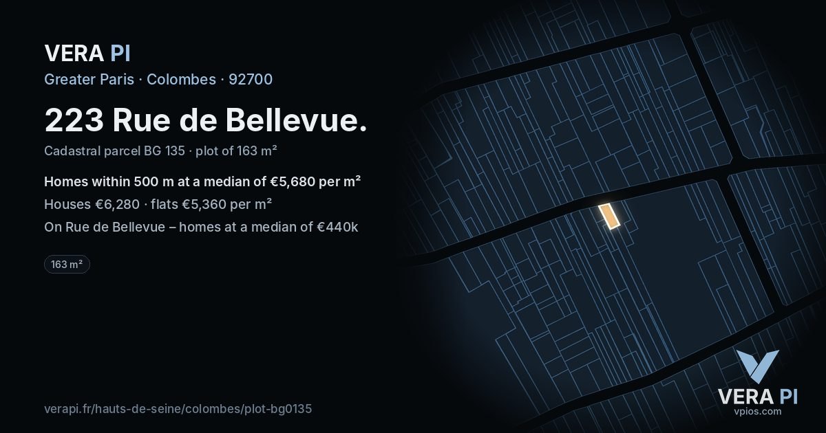 223 Rue de Bellevue, Colombes at night – the plot lit, the parcels around coloured by the prices near them