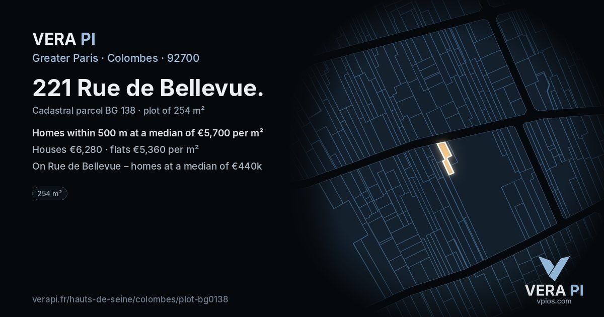 221 Rue de Bellevue, Colombes at night – the plot lit, the parcels around coloured by the prices near them