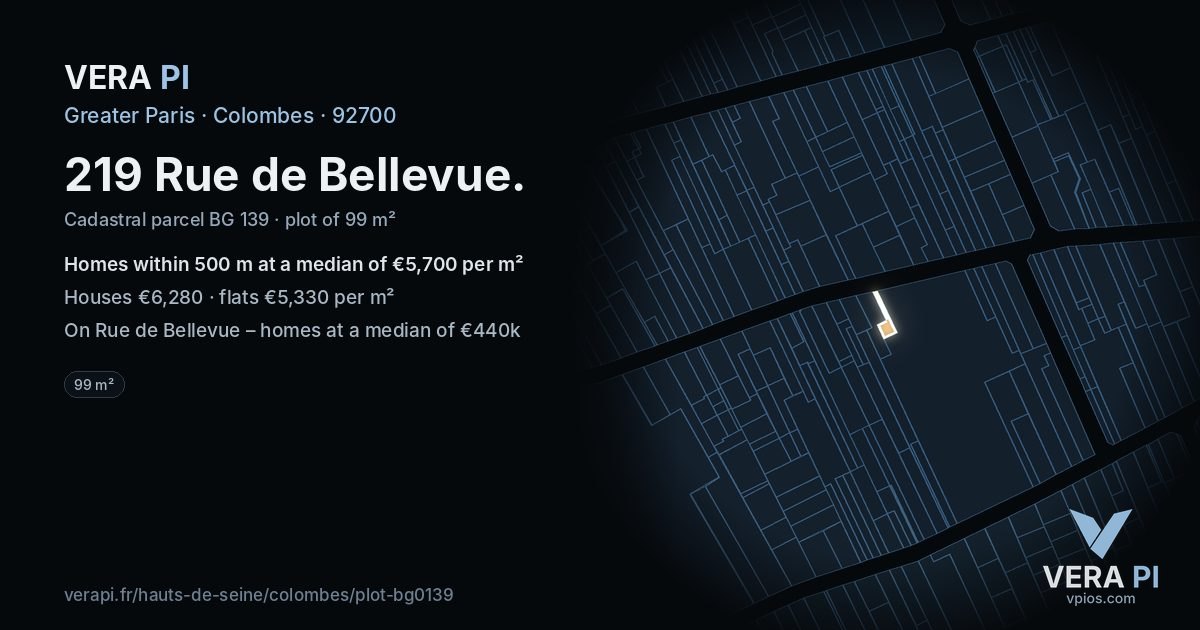 219 Rue de Bellevue, Colombes at night – the plot lit, the parcels around coloured by the prices near them