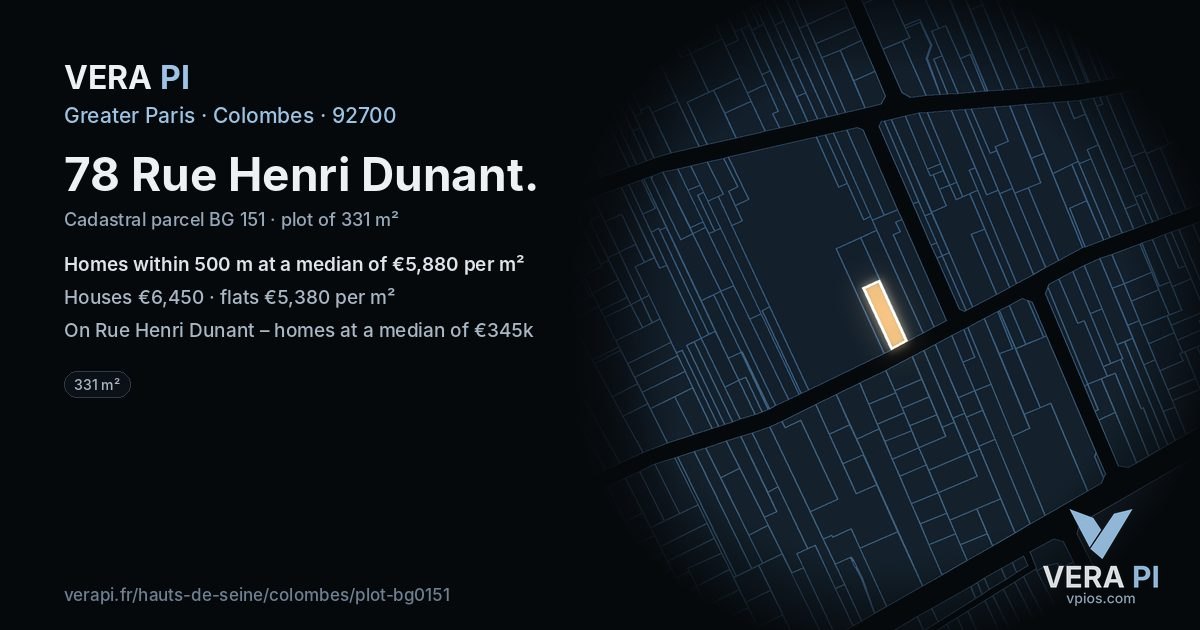78 Rue Henri Dunant, Colombes at night – the plot lit, the parcels around coloured by the prices near them