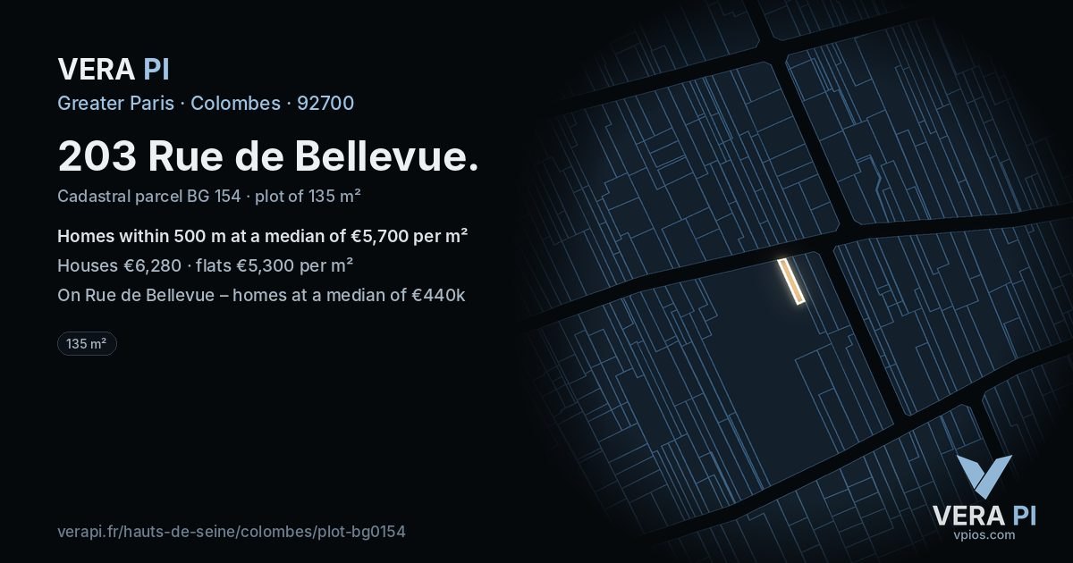 203 Rue de Bellevue, Colombes at night – the plot lit, the parcels around coloured by the prices near them
