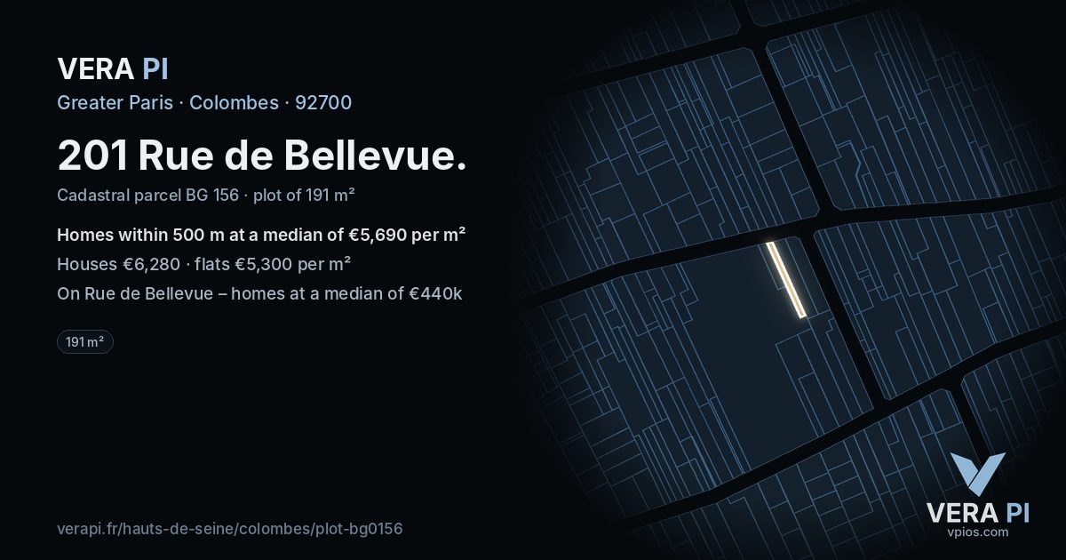 201 Rue de Bellevue, Colombes at night – the plot lit, the parcels around coloured by the prices near them