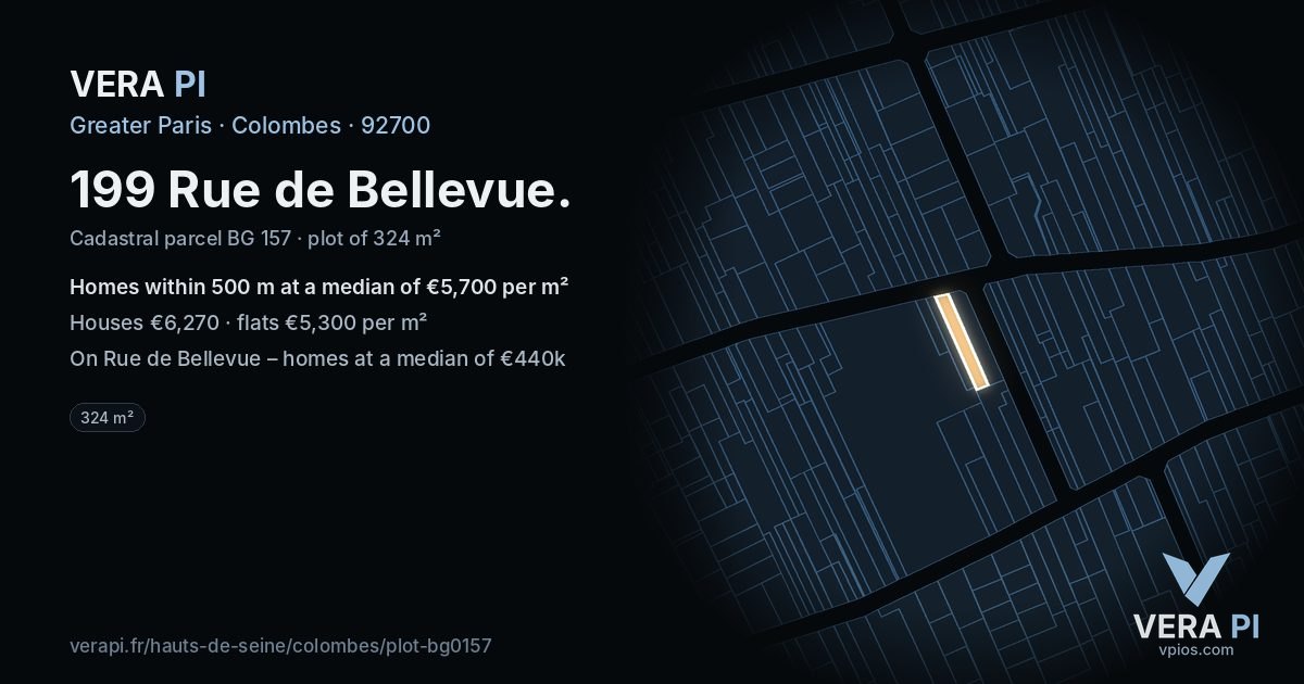 199 Rue de Bellevue, Colombes at night – the plot lit, the parcels around coloured by the prices near them