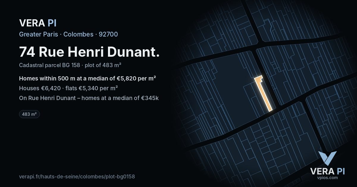74 Rue Henri Dunant, Colombes at night – the plot lit, the parcels around coloured by the prices near them