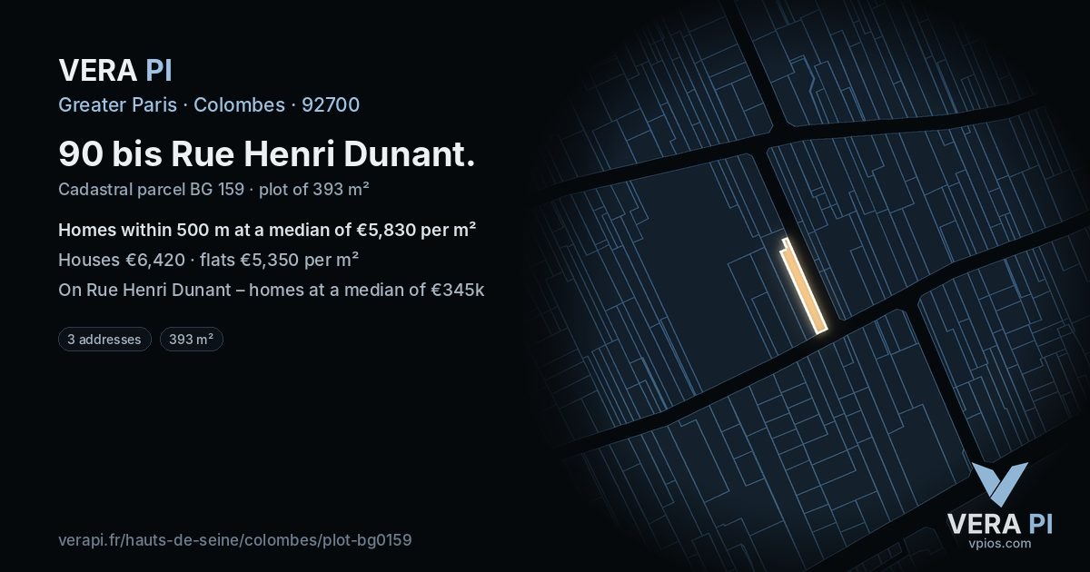 90 bis Rue Henri Dunant, Colombes at night – the plot lit, the parcels around coloured by the prices near them