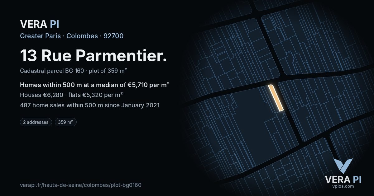 13 Rue Parmentier, Colombes at night – the plot lit, the parcels around coloured by the prices near them