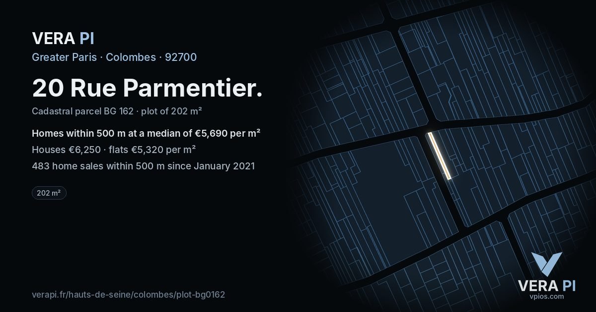 20 Rue Parmentier, Colombes at night – the plot lit, the parcels around coloured by the prices near them