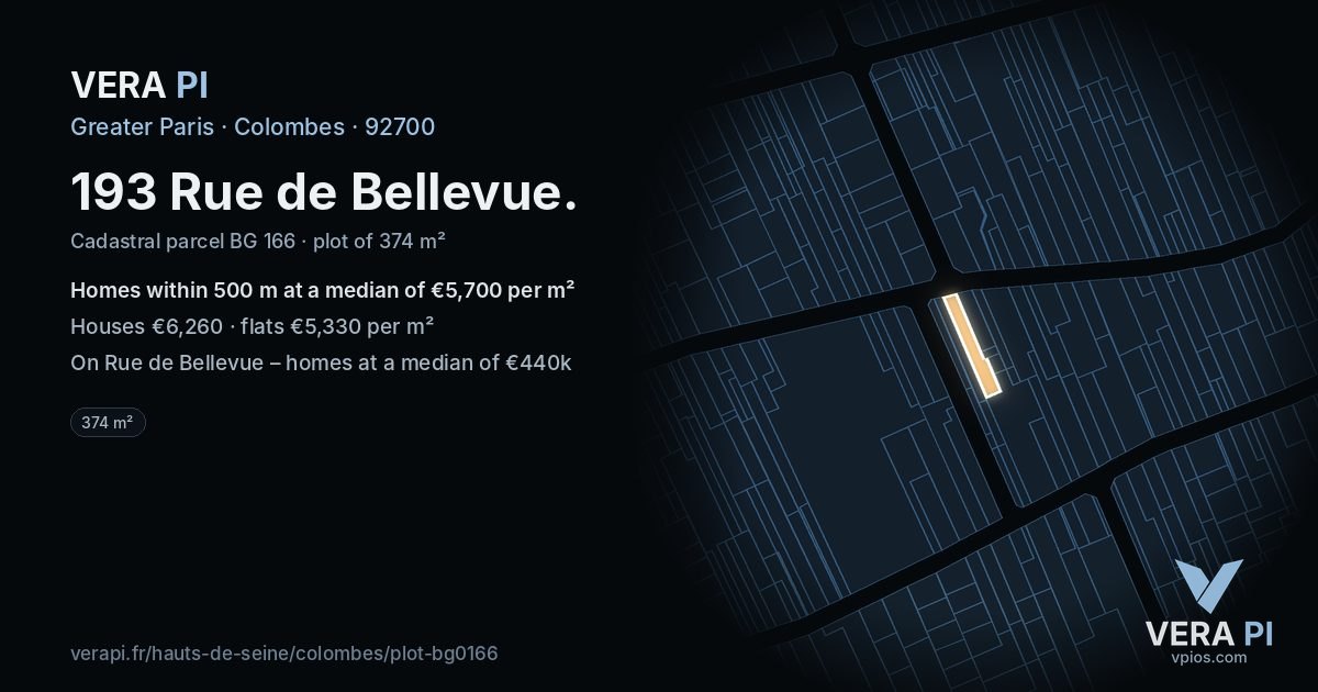 193 Rue de Bellevue, Colombes at night – the plot lit, the parcels around coloured by the prices near them