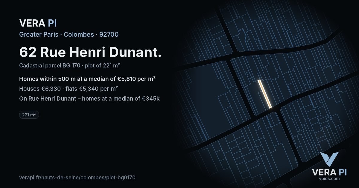 62 Rue Henri Dunant, Colombes at night – the plot lit, the parcels around coloured by the prices near them