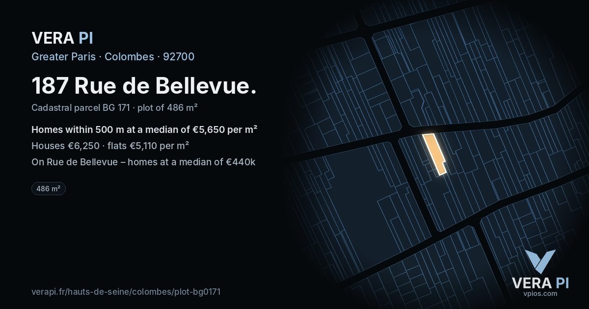 187 Rue de Bellevue, Colombes at night – the plot lit, the parcels around coloured by the prices near them