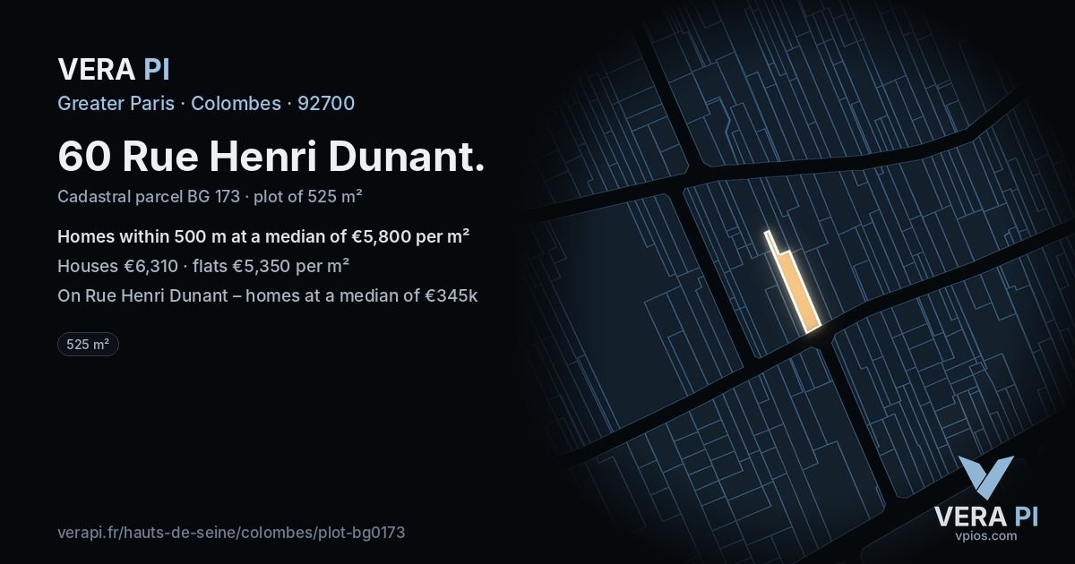 60 Rue Henri Dunant, Colombes at night – the plot lit, the parcels around coloured by the prices near them