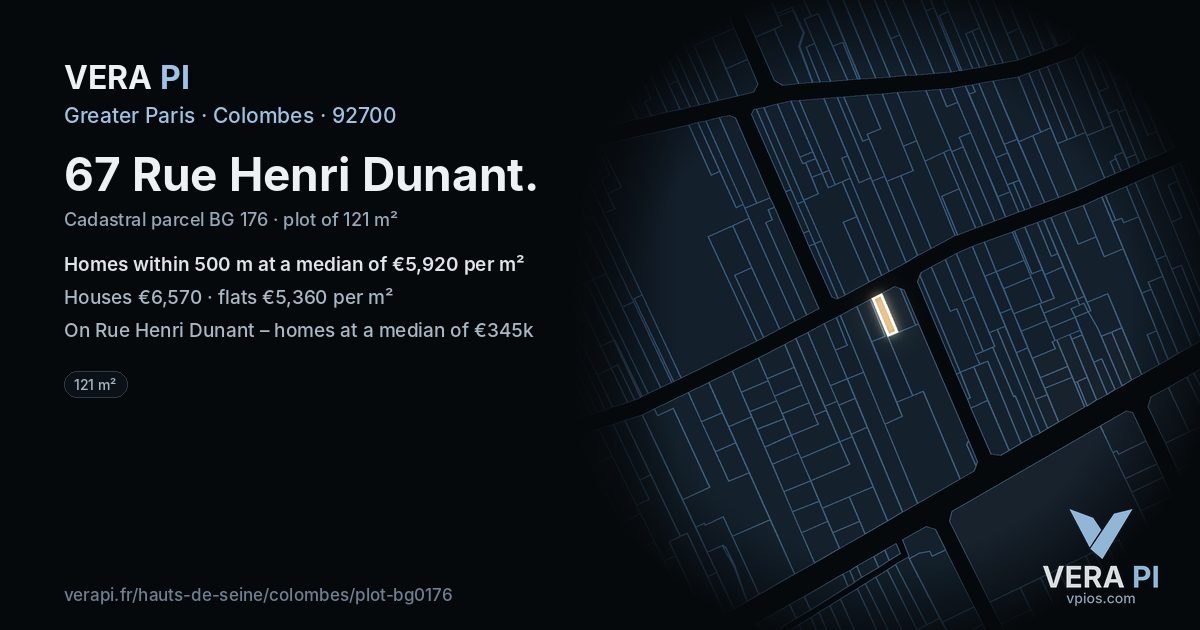 67 Rue Henri Dunant, Colombes at night – the plot lit, the parcels around coloured by the prices near them