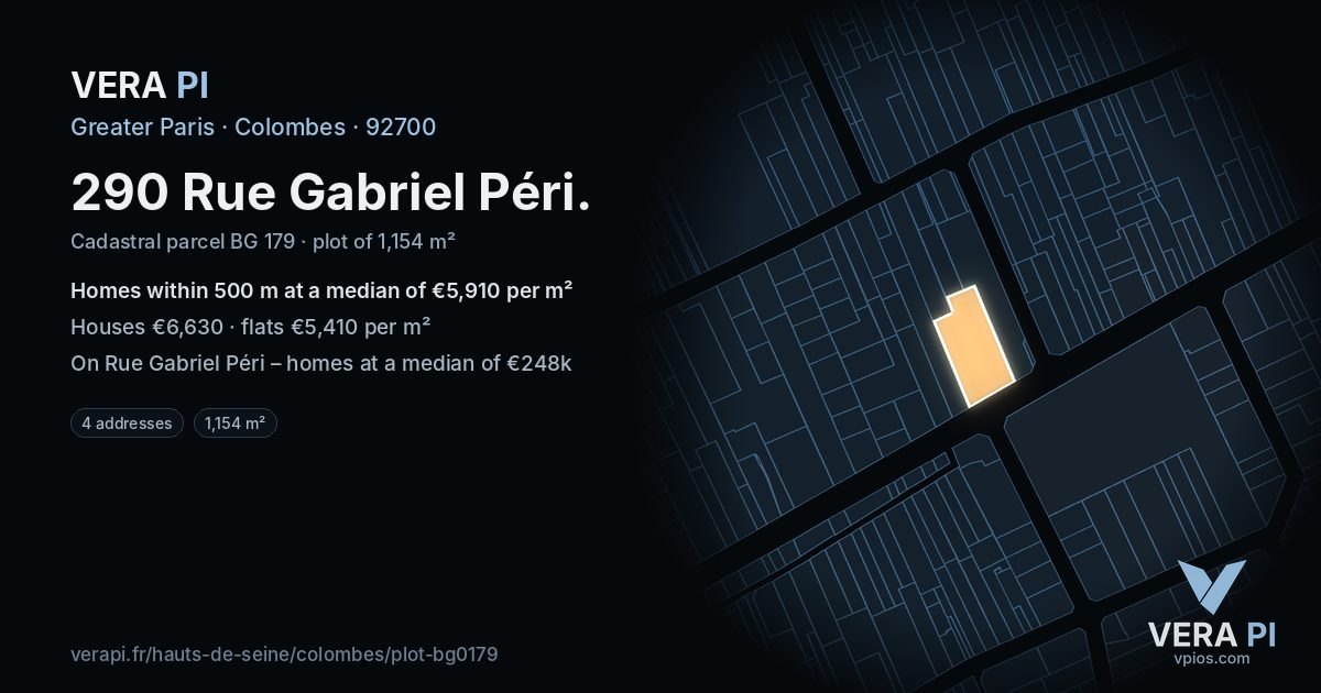 290 Rue Gabriel Péri, Colombes at night – the plot lit, the parcels around coloured by the prices near them