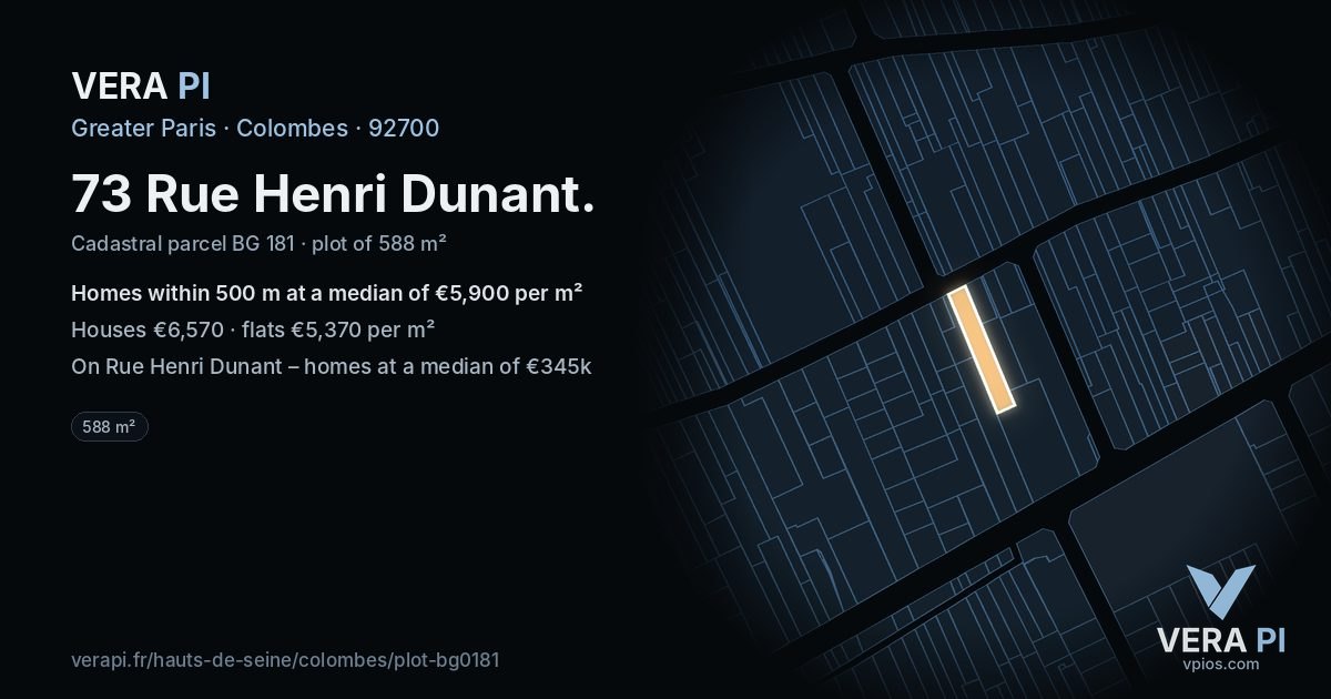 73 Rue Henri Dunant, Colombes at night – the plot lit, the parcels around coloured by the prices near them