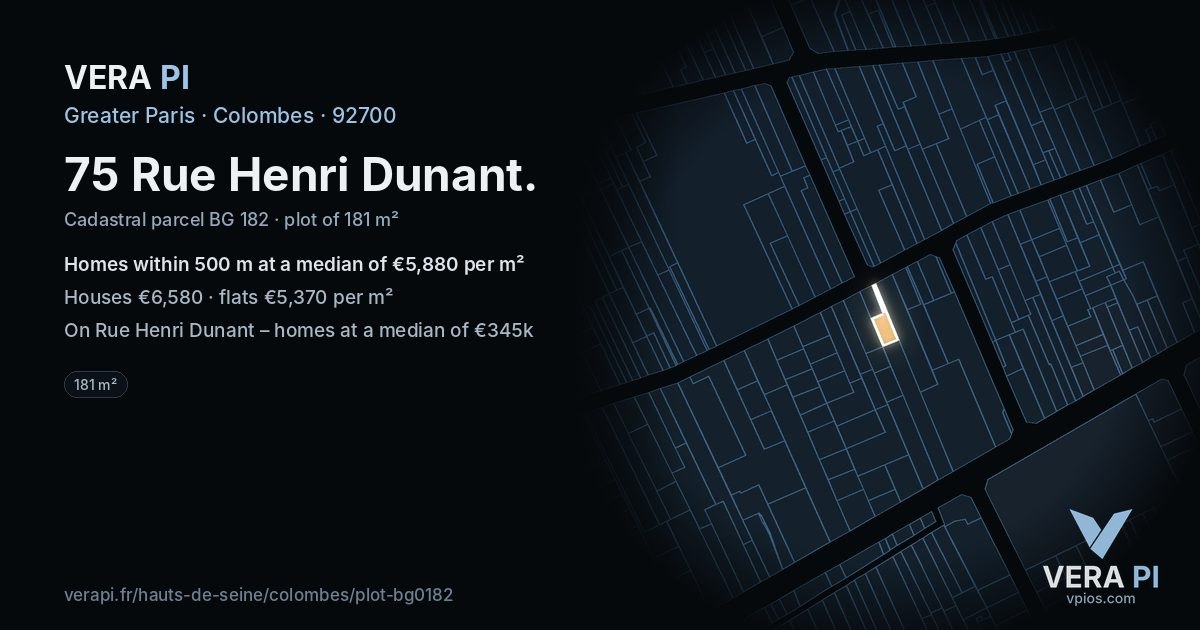 75 Rue Henri Dunant, Colombes at night – the plot lit, the parcels around coloured by the prices near them