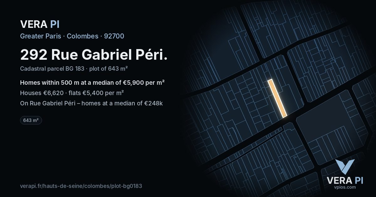 292 Rue Gabriel Péri, Colombes at night – the plot lit, the parcels around coloured by the prices near them