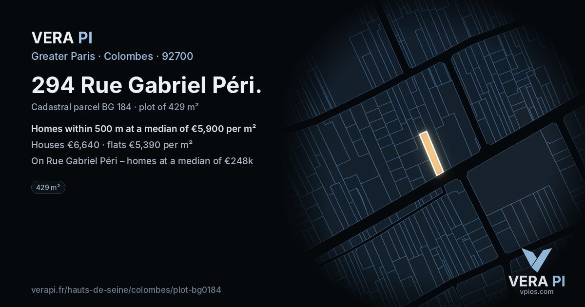 294 Rue Gabriel Péri, Colombes at night – the plot lit, the parcels around coloured by the prices near them