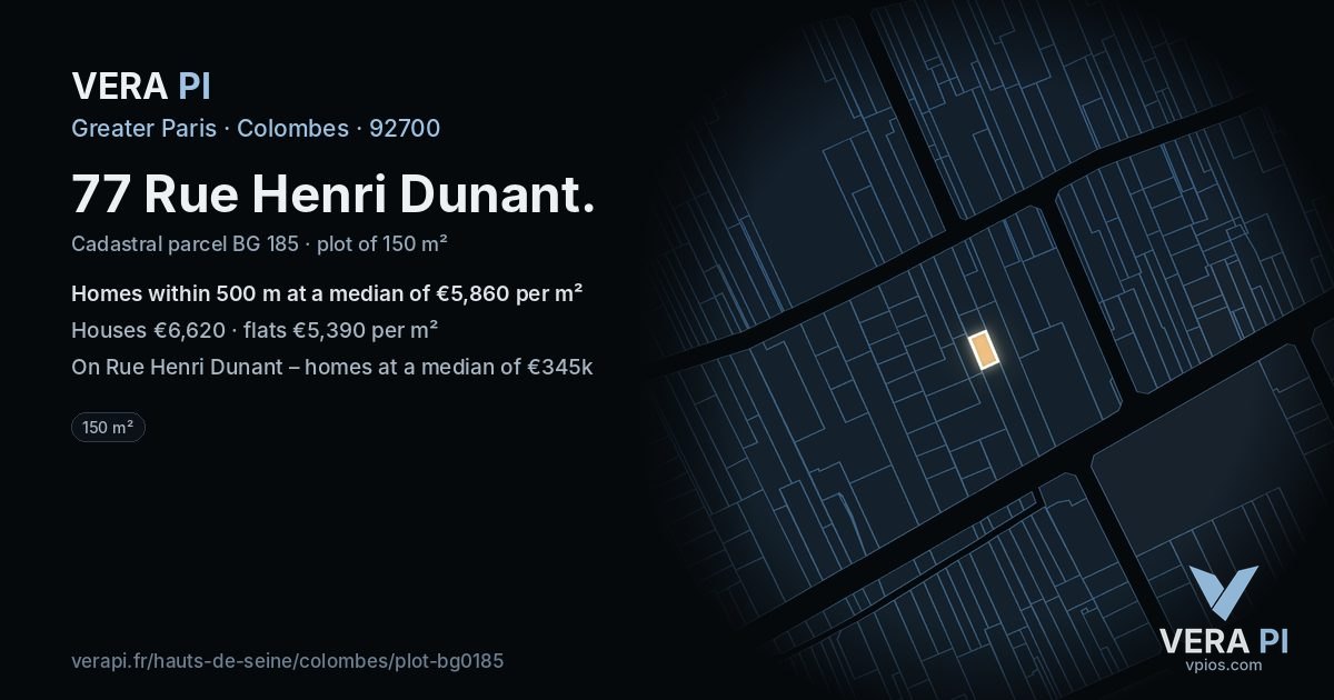 77 Rue Henri Dunant, Colombes at night – the plot lit, the parcels around coloured by the prices near them