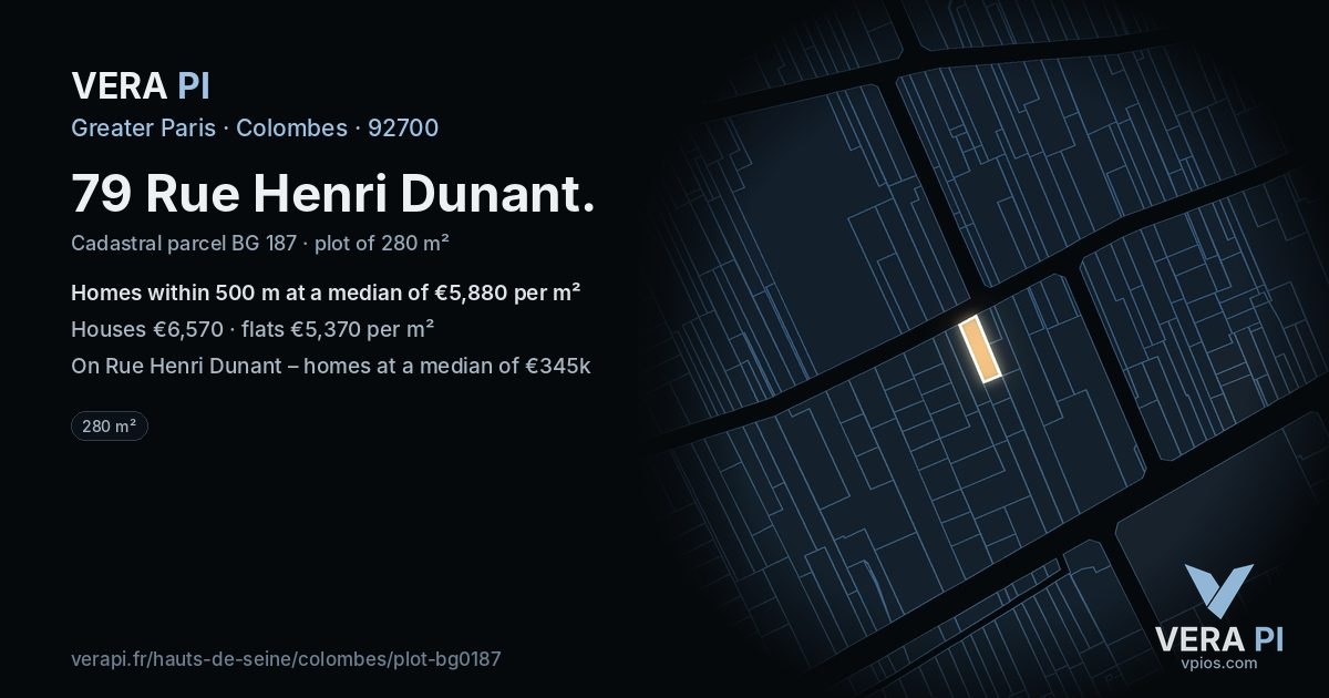 79 Rue Henri Dunant, Colombes at night – the plot lit, the parcels around coloured by the prices near them