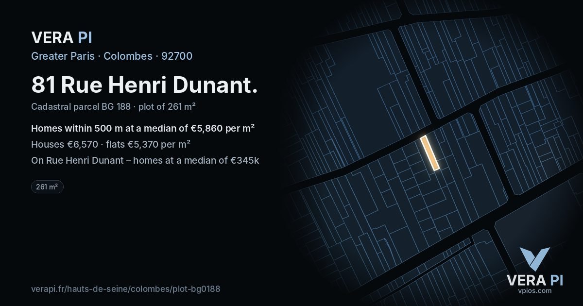 81 Rue Henri Dunant, Colombes at night – the plot lit, the parcels around coloured by the prices near them