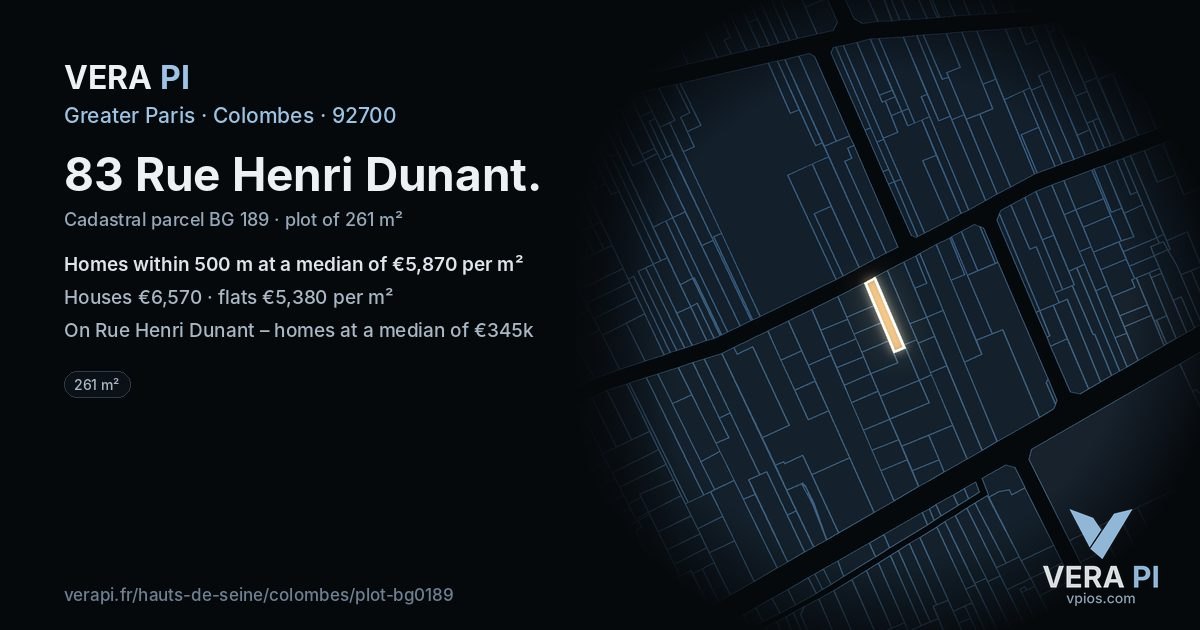 83 Rue Henri Dunant, Colombes at night – the plot lit, the parcels around coloured by the prices near them