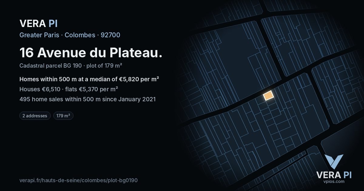 16 Avenue du Plateau, Colombes at night – the plot lit, the parcels around coloured by the prices near them