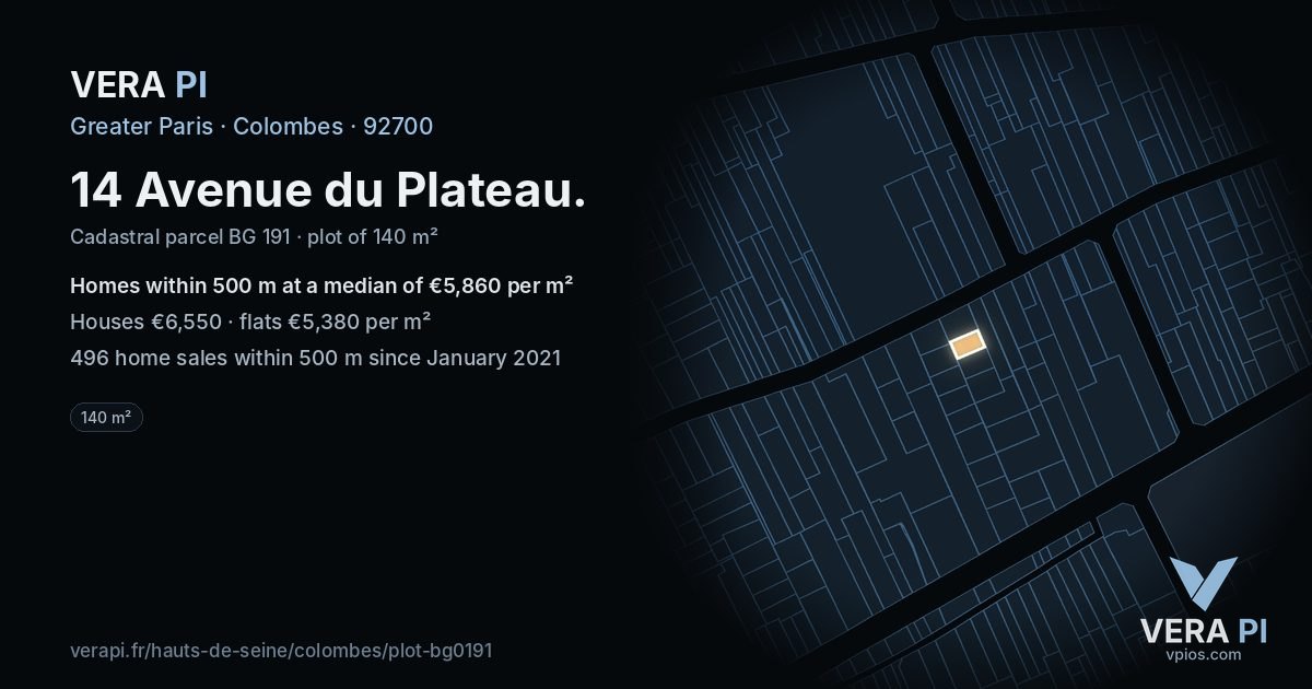 14 Avenue du Plateau, Colombes at night – the plot lit, the parcels around coloured by the prices near them