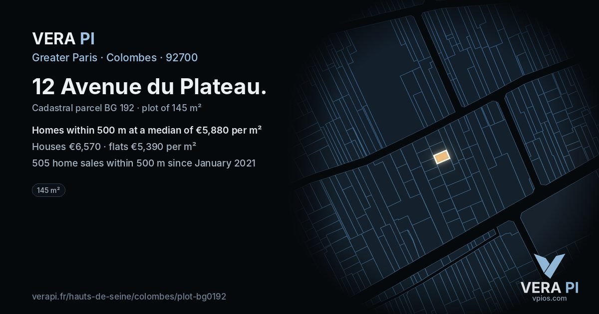 12 Avenue du Plateau, Colombes at night – the plot lit, the parcels around coloured by the prices near them