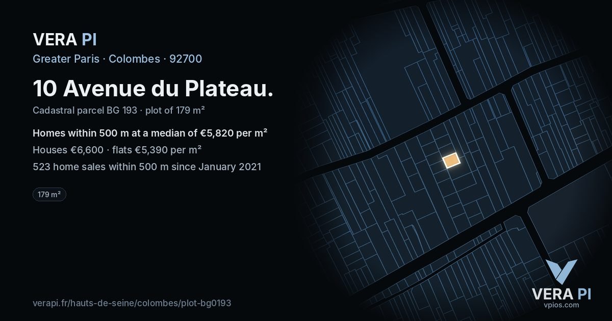 10 Avenue du Plateau, Colombes at night – the plot lit, the parcels around coloured by the prices near them