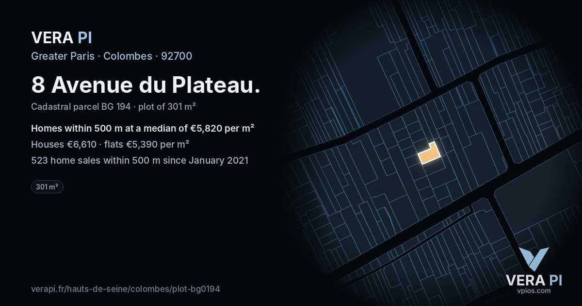 8 Avenue du Plateau, Colombes at night – the plot lit, the parcels around coloured by the prices near them