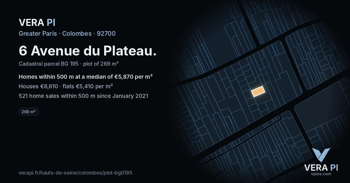 6 Avenue du Plateau, Colombes at night – the plot lit, the parcels around coloured by the prices near them