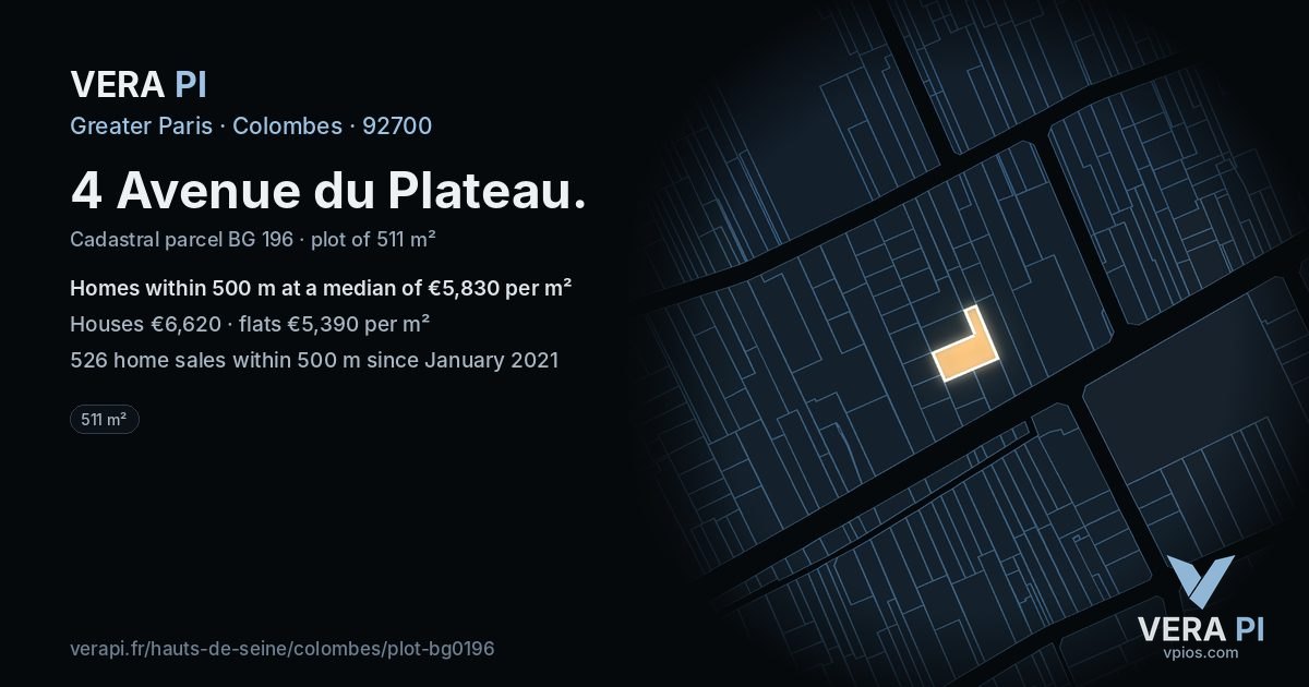 4 Avenue du Plateau, Colombes at night – the plot lit, the parcels around coloured by the prices near them