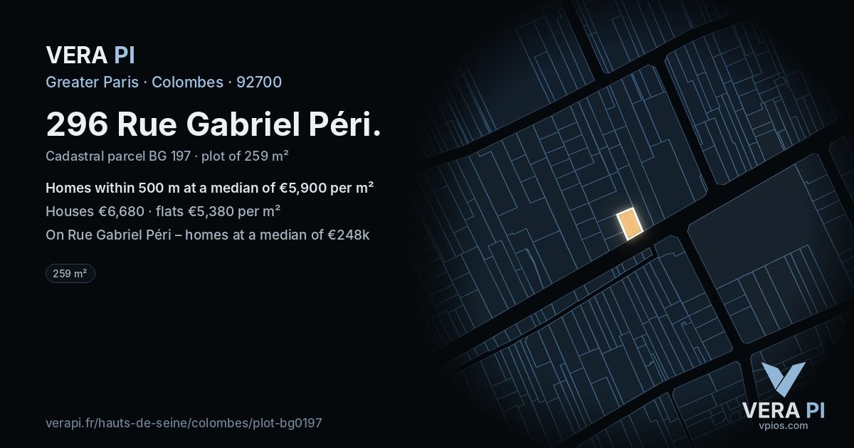 296 Rue Gabriel Péri, Colombes at night – the plot lit, the parcels around coloured by the prices near them