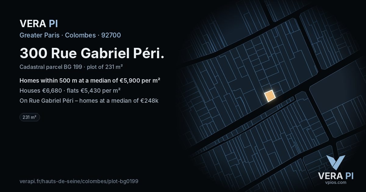 300 Rue Gabriel Péri, Colombes at night – the plot lit, the parcels around coloured by the prices near them