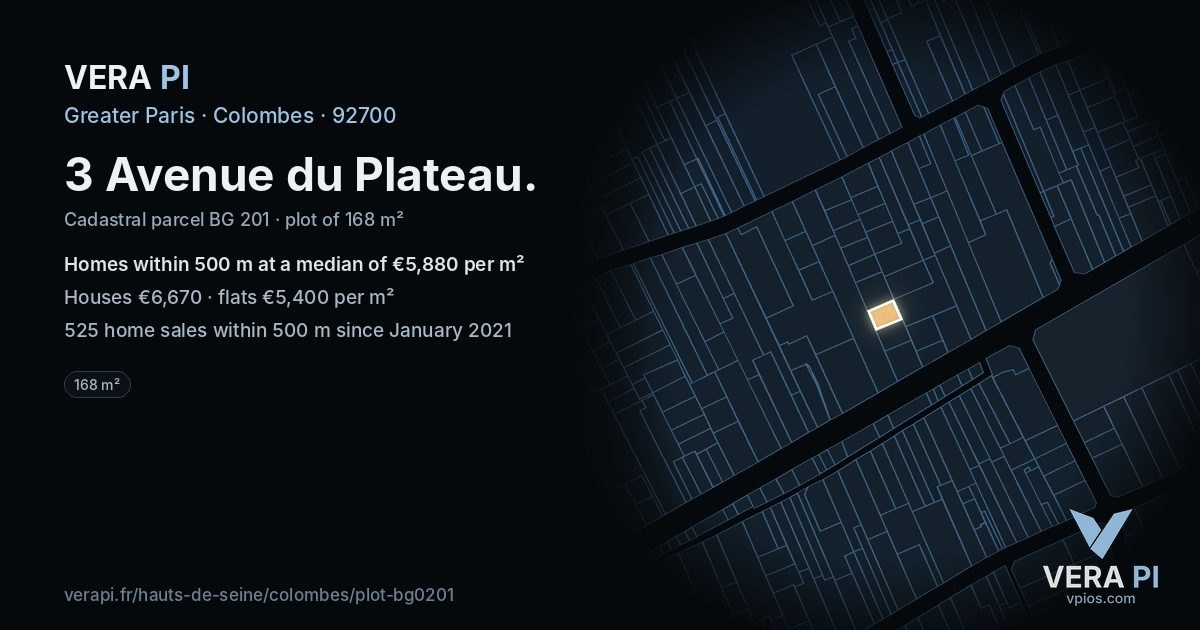 3 Avenue du Plateau, Colombes at night – the plot lit, the parcels around coloured by the prices near them